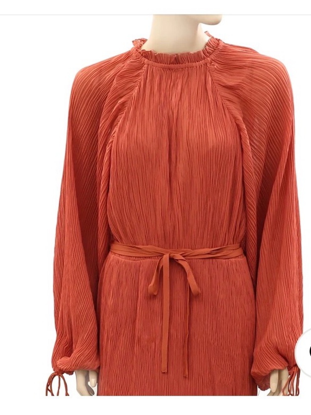 ASOS Rust Orange Pleated Long-Sleeve Dress with Self Tie